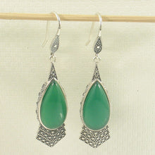 Load image into Gallery viewer, Sterling Silver Green Agate Pear Hook Earrings