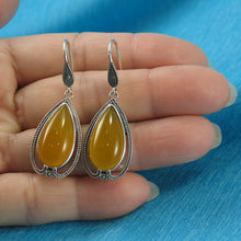 Load image into Gallery viewer, Sterling Silver Yellow Agate Pear Cabochon Hook Earrings