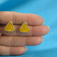 Load image into Gallery viewer, Sterling Silver Yellow Agate Triangle Omega Back Earrings