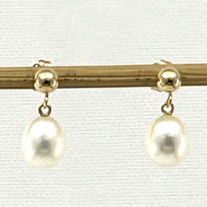 1000010 Raindrop White Pearl Dangle Post Earrings 14k Yellow Solid Gold