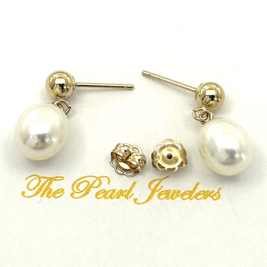 1000010 Raindrop White Pearl Dangle Post Earrings 14k Yellow Solid Gold