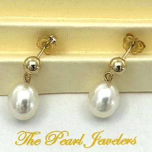 1000010 Raindrop White Pearl Dangle Post Earrings 14k Yellow Solid Gold