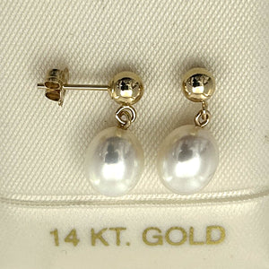 1000010 Raindrop White Pearl Dangle Post Earrings 14k Yellow Solid Gold