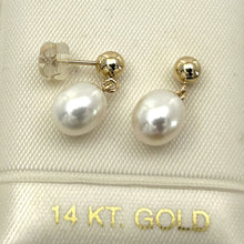 Load image into Gallery viewer, 1000010 Raindrop White Pearl Dangle Post Earrings 14k Yellow Solid Gold