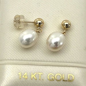 1000010 Raindrop White Pearl Dangle Post Earrings 14k Yellow Solid Gold