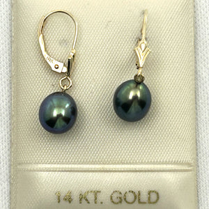 1000021 RAINDROPS BLACK CULTURED PEARL 14K SOLID YELLOW GOLD LEVERBACK DANGLE EARRINGS