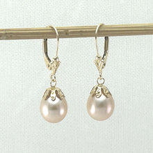 Load image into Gallery viewer, 14k Yellow Gold Leverback Cups Peach Pearl Dangle Earrings