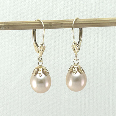 14k Yellow Gold Leverback Cups Peach Pearl Dangle Earrings