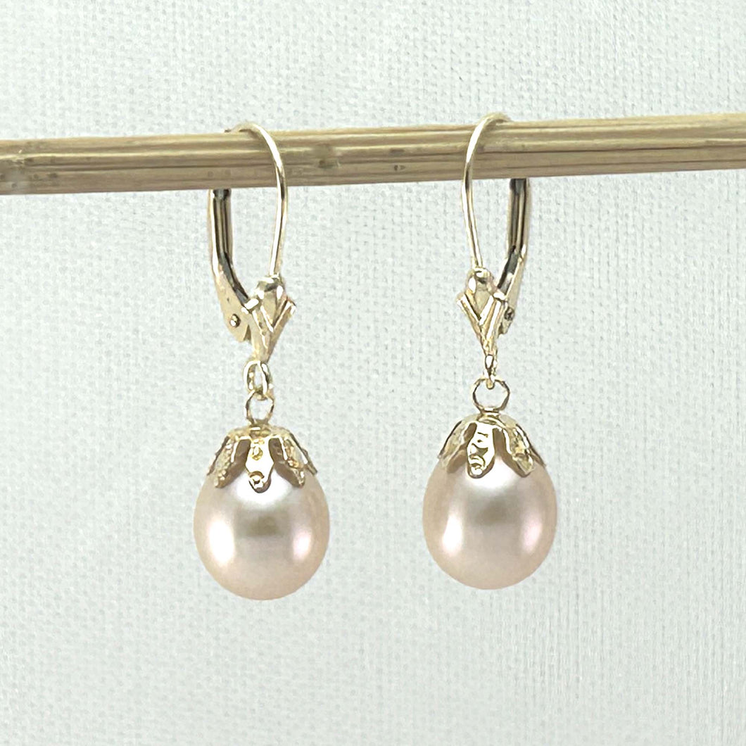14k Yellow Gold Leverback Cups Peach Pearl Dangle Earrings