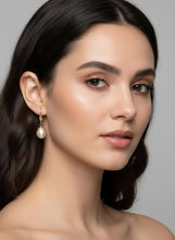 Load image into Gallery viewer, 14k Yellow Gold Leverback Cups Peach Pearl Dangle Earrings