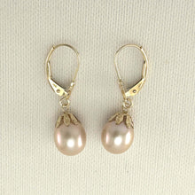 Load image into Gallery viewer, 14k Yellow Gold Leverback Cups Peach Pearl Dangle Earrings