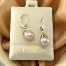 Load image into Gallery viewer, 14k Yellow Gold Leverback Cups Peach Pearl Dangle Earrings