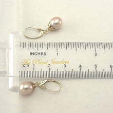 Load image into Gallery viewer, 14k Yellow Gold Leverback Cups Peach Pearl Dangle Earrings