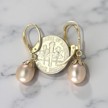 Load image into Gallery viewer, 14k Yellow Gold Leverback Cups Peach Pearl Dangle Earrings