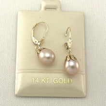 Load image into Gallery viewer, 14k Yellow Gold Leverback Cups Peach Pearl Dangle Earrings