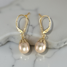 Load image into Gallery viewer, 14k Yellow Gold Leverback Cups Peach Pearl Dangle Earrings