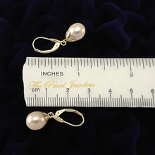 Load image into Gallery viewer, 14k Yellow Gold Leverback Cups Peach Pearl Dangle Earrings