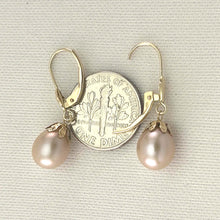 Load image into Gallery viewer, 14k Yellow Gold Leverback Cups Peach Pearl Dangle Earrings