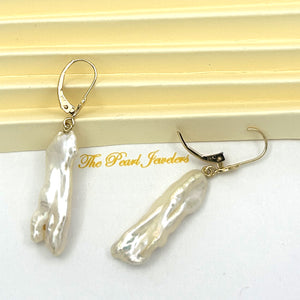 1000364 GENUINE WHITE CREAM BIWA PEARL 14KT LEVERBACK DANGLE EARRINGS