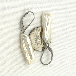 1000365 GENUINE WHITE CREAM BIWA PEARL 14K GOLD LEVERBACK DANGLE EARRINGS