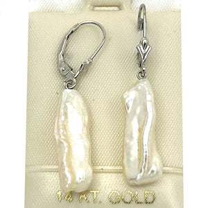 1000365 GENUINE WHITE CREAM BIWA PEARL 14K GOLD LEVERBACK DANGLE EARRINGS