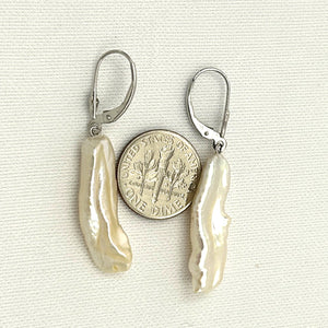 1000369 GENUINE WHITE CREAM BIWA PEARL 14K GOLD LEVERBACK DANGLE EARRINGS