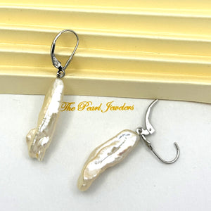 1000369 GENUINE WHITE CREAM BIWA PEARL 14K GOLD LEVERBACK DANGLE EARRINGS