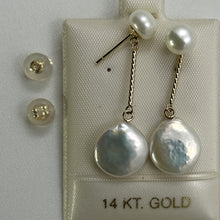 Load image into Gallery viewer, 1000400-14k-Yellow-Gold-Genuine-White-Coin-Cultured-Pearl-Dangle-Earrings