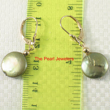 Load image into Gallery viewer, 1000533-14k-Yellow-Gold-Leverback-Pistachio-Coin-Cultured-Pearl-Dangle-Earrings