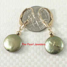 Load image into Gallery viewer, 1000533-14k-Yellow-Gold-Leverback-Pistachio-Coin-Cultured-Pearl-Dangle-Earrings