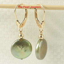 Load image into Gallery viewer, 1000533-14k-Yellow-Gold-Leverback-Pistachio-Coin-Cultured-Pearl-Dangle-Earrings