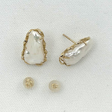 Load image into Gallery viewer, 1000764-14k-Gold-Hand-Crafted-Genuine-White-Biwa-Pearl-Stud-Earrings