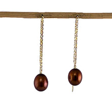 Load image into Gallery viewer, 14k Yellow Gold Threader Chain Chocolate Raindrop Cultured Pearl Earrings