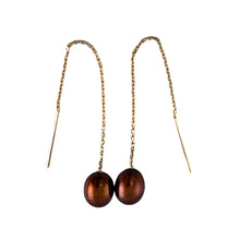 Load image into Gallery viewer, 14k Yellow Gold Threader Chain Chocolate Raindrop Cultured Pearl Earrings