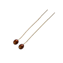 Load image into Gallery viewer, 14k Yellow Gold Threader Chain Chocolate Raindrop Cultured Pearl Earrings
