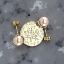 Load image into Gallery viewer, 14k Yellow Gold Diamond &amp; Pink Pearl Stud Earrings