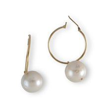 Load image into Gallery viewer, 14K Yellow Gold White baroque Pearl Hoop Earrings