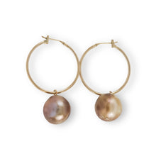Load image into Gallery viewer, 14K Yellow Gold Lavender Pearl Hoop Earrings