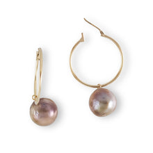 Load image into Gallery viewer, 14K Yellow Gold Lavender Pearl Hoop Earrings