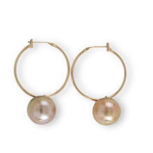 Load image into Gallery viewer, 14K Yellow Gold Pink Pearl Hoop Earrings (12.5mm)