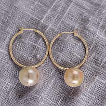 Load image into Gallery viewer, 14K Yellow Gold Pink Pearl Hoop Earrings (12.5mm)