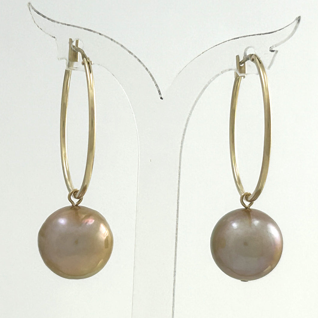 1001592B 14K YELLOW GOLD HOOP NATURAL PINK PEARL DANGLE EARRINGS