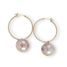 Load image into Gallery viewer, 14K Yellow Gold Pink Pearl Hoop Earrings (12.8mm)