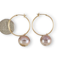 Load image into Gallery viewer, 14K Yellow Gold Pink Pearl Hoop Earrings (12.8mm)