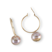 Load image into Gallery viewer, 14K Yellow Gold Pink Pearl Hoop Earrings (12.8mm)
