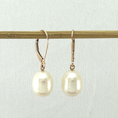 14K Rose Gold White Pearl Leverback Earrings (9–10mm)