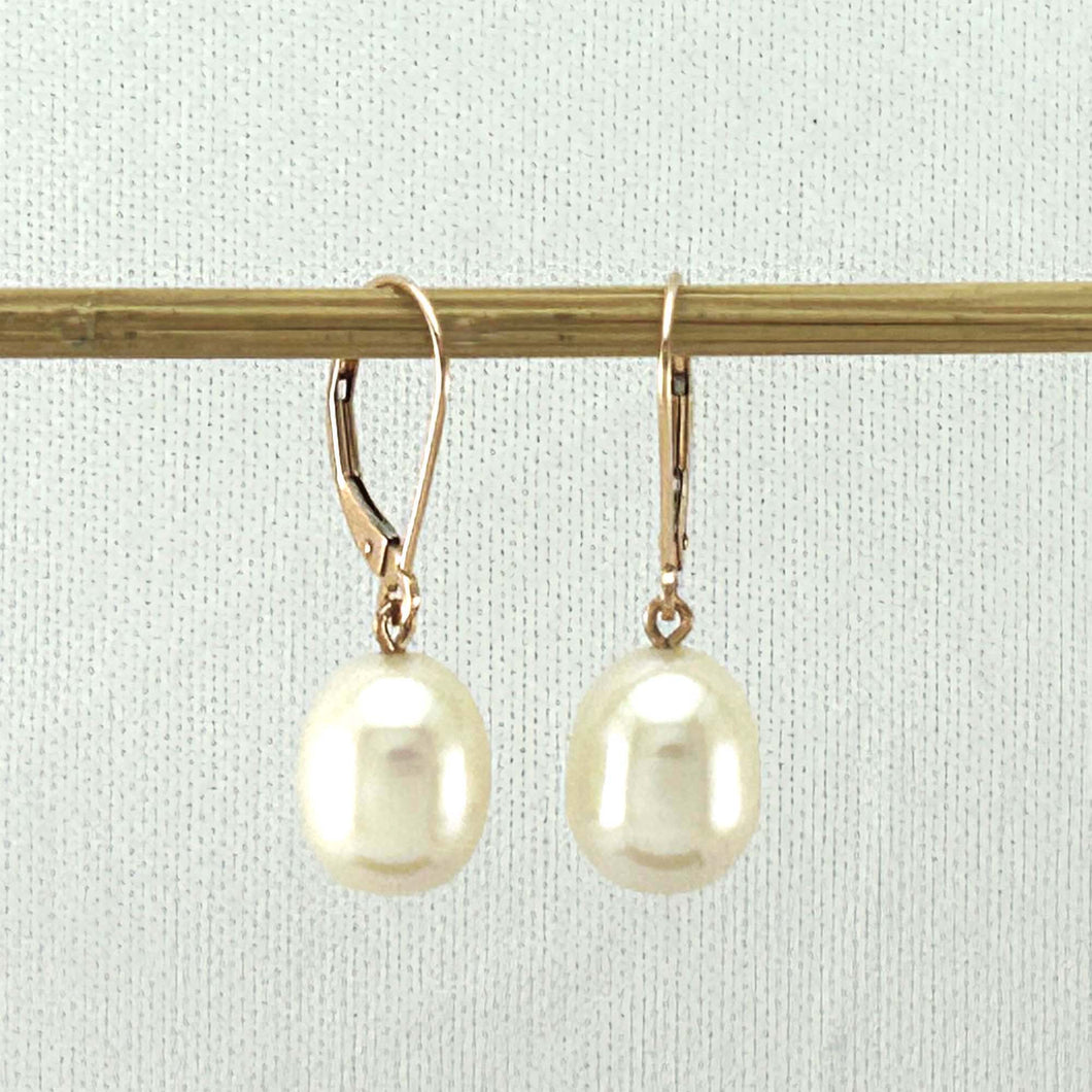 14K Rose Gold White Pearl Leverback Earrings (9–10mm)