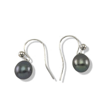 Load image into Gallery viewer, 14K White Gold Black Pearl Fish Hook Dangle Earrings