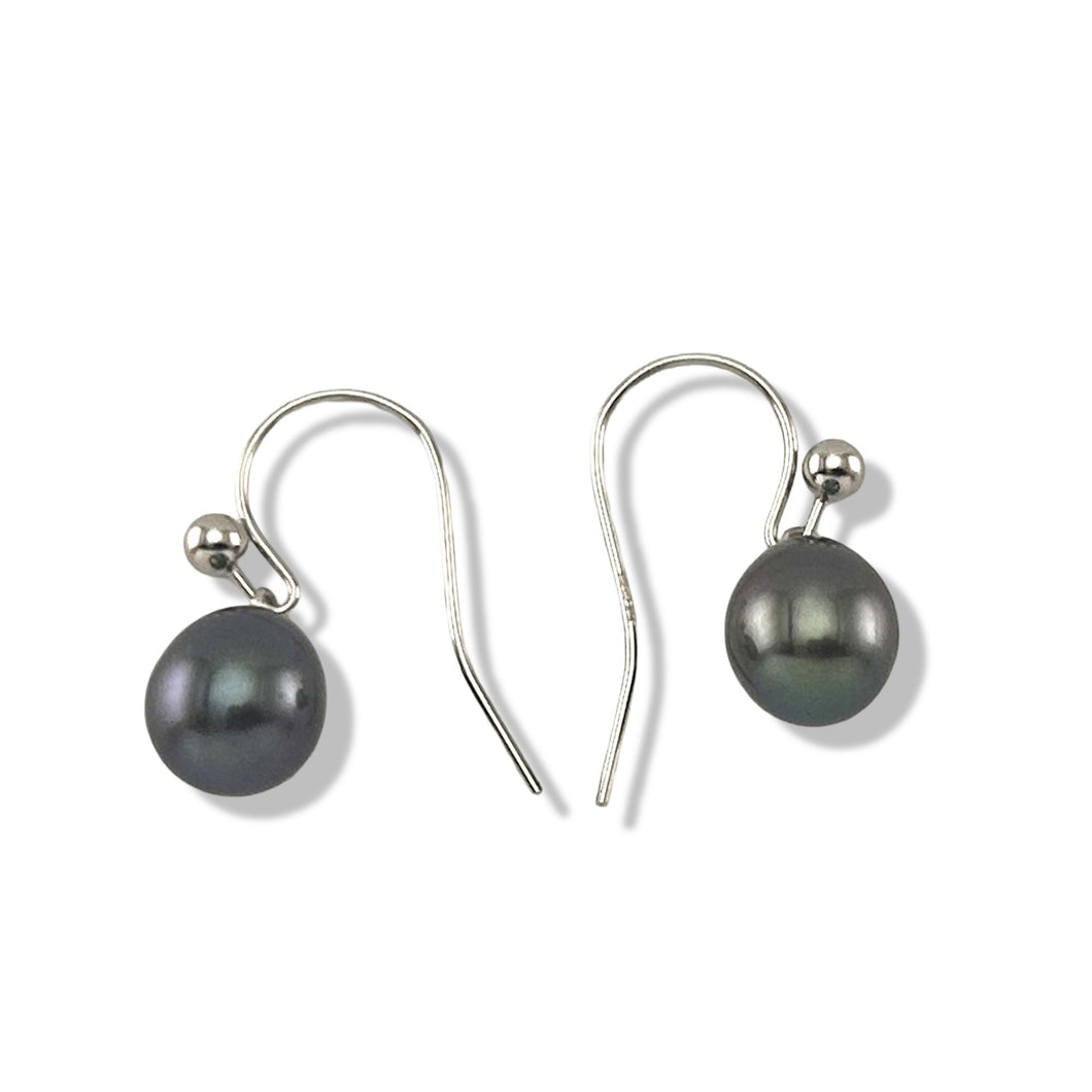 14K White Gold Black Pearl Fish Hook Dangle Earrings