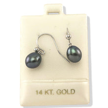 Load image into Gallery viewer, 14K White Gold Black Pearl Fish Hook Dangle Earrings